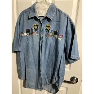 VTG Bobbie Brooks Denim Shirt Women Blue Floral & Cats Embroidered Button Up XL